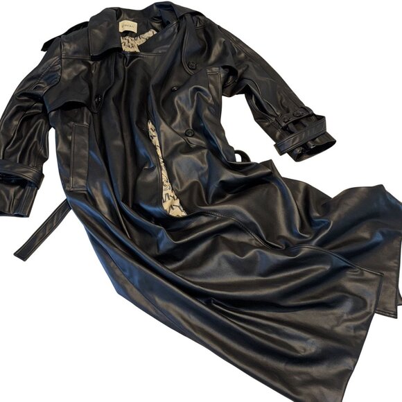 IZAKOVA IZK Black Faux Leather Long Trench Coat Women's X-Small/Small XS/S